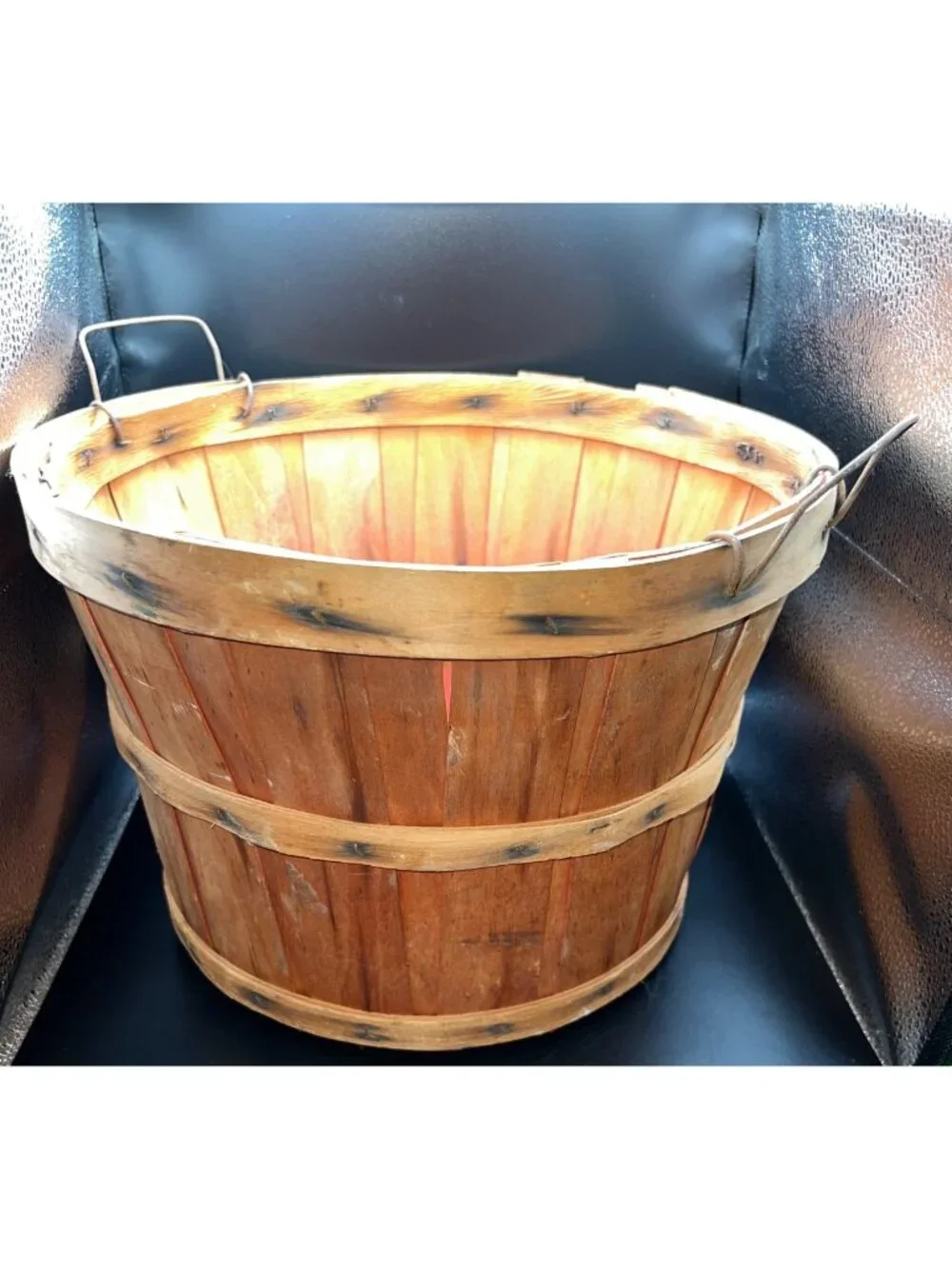 Vintage Wooden Bushel Basket Metal Handles Primitive Slat construction Country